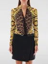 Versace Black & Gold Wild Barocco Silk Draped Bodysuit In Gold