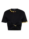 Versace Cropped T-shirt With Baroque Print Trim In Black