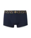 Versace Topeka Cotton Low Rise Logo Trunks In Blue-gold
