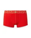Versace Topeka Cotton Bi Stretch Low Rise Logo Trunks In Red-gold