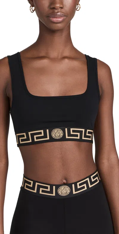 Versace Black Sports Bra With Greca And Medusa Detail In Stretch Cotton