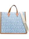 VERSACE TOTE BAG WITH ALL-OVER LOGO PRINT IN LIGHT BLUE CANVAS