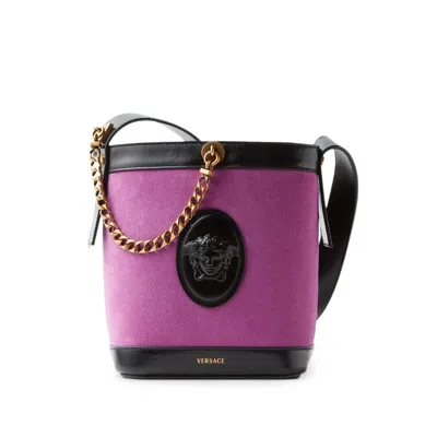 Versace Pivot Mini Suede Bucket Bag In Purple