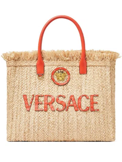 Versace Tote Handbag Straw In Neutral