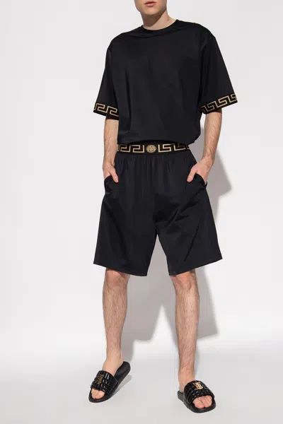 Versace Long Surf Shorts With Greca Trim In Black