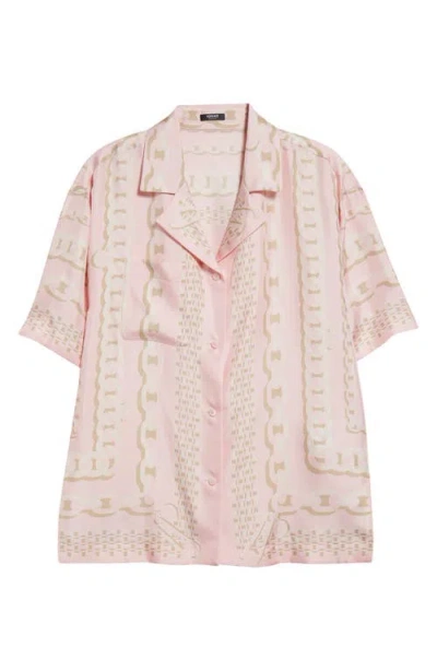 Versace Treasure Print Silk Camp Shirt In Pastel Pink Milk