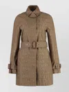 Versace Trench Coat With Allover Motif And Belted Waist In Brown