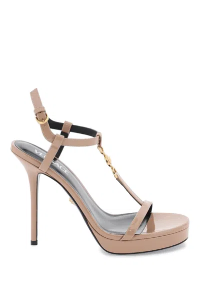 Versace Black Leather Sandals For Women In Grey