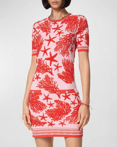 Versace Tresor De La Mer Towel Stitch Jacquard Short-sleeve Mini Dress In Dusty Rose