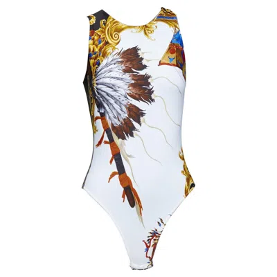 Pre-owned Versace Tribute 1992 Native Americans Colorful Indian Print Swimsuit It38 Xs In Gray