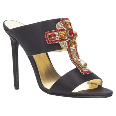 Versace Tribute Byzantine Cross Crystal Satin Sandals In Black