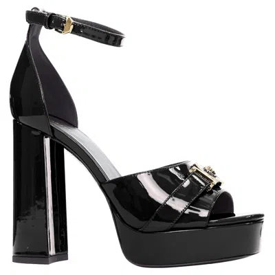 Versace Tribute Patent Medusa Open Toe Platform Sandal In Black