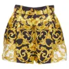 Versace Tribute Silk Barocco Hibiscus Print High Waist Shorts In Gold