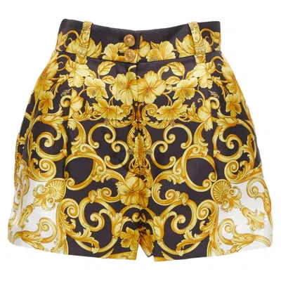 Versace Tribute Silk Barocco Hibiscus Print High Waist Shorts In Gold