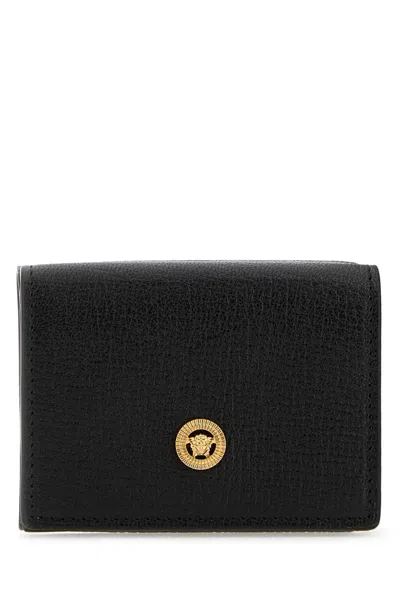 Versace Trifold Wallet Goat Leather In Black