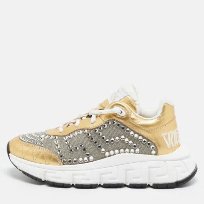 Pre-owned Versace Trigreca Size 36 Gold/silver Leather And Lurex Fabric Low Top Sneakers