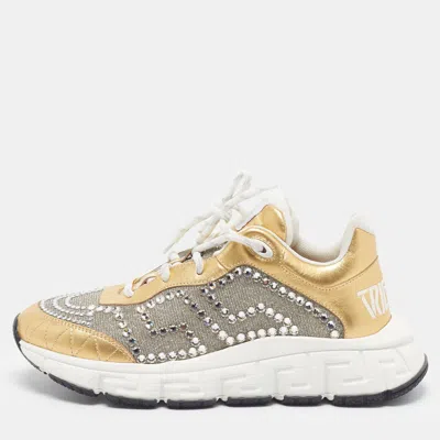 Pre-owned Versace Trigreca Size 39 Gold/silver Leather And Lurex Fabric Crystal Embellished Lace Up Sneakers