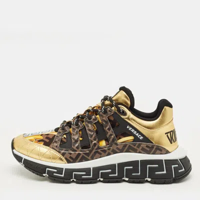 Pre-owned Versace Trigreca Size 42 Multicolor Fabric Leather And Rubber Low Top Sneakers