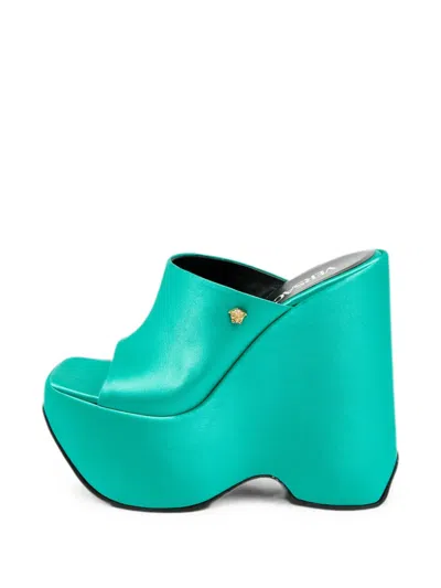 Pre-owned Versace Triplatform Satin Wedge Sandals In Green