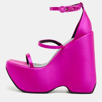 Pre-owned Versace Triplatform Size 39 Pink Satin Ankle Strap Sandals