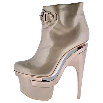Pre-owned Versace Triple Platform Rose Gold Leather Boots Nwt In Red