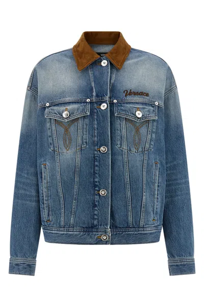 Versace Cotton Denim Jacket Long Sleeves Contrast Collar In Blue