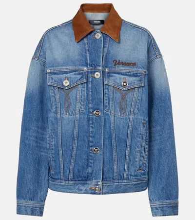 Versace Cotton Denim Jacket Long Sleeves Contrast Collar In Blue