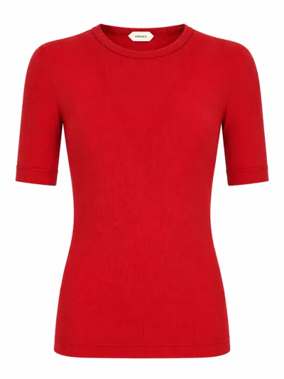 Versace T-shirt In Lana A Coste Con Ricamo In Red