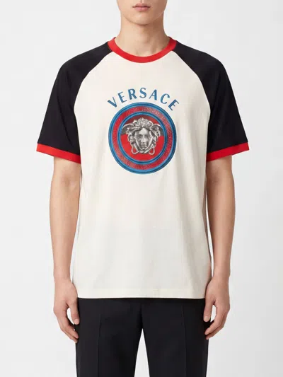 VERSACE VERSACE MEDUSA LOGO COTTON T-SHIRT WITH CONTRAST PROFILES,I64790001