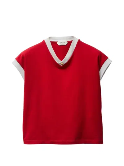 Versace Cotton V Neck Top Short Sleeves Buttons In Multi
