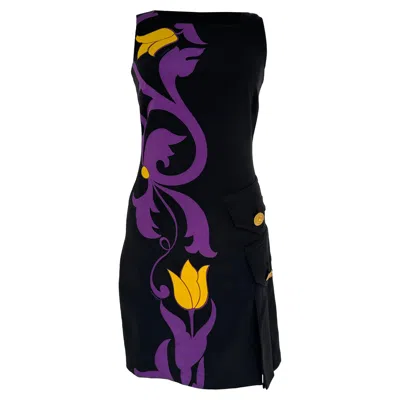 Pre-owned Versace Tulip-print Mini Dress In Black Silk