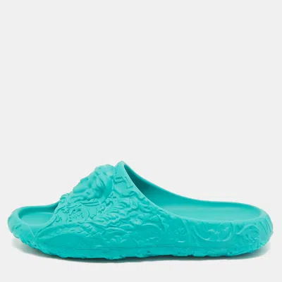 Pre-owned Versace Turquoise Blue Baroque Medusa Embossed Rubber Pool Slides Size 46