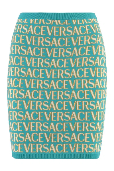 Versace Turquoise Jacquard Logo Knit Mini Skirt For Women (fw23)