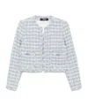 Versace Tweed Jacket With Frayed Edges And Pockets In Blue