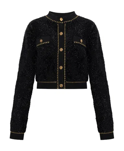 Versace Tweed Buttoned Cardigan In Black