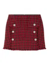 Versace Button-embellished Frayed Checked Tweed Mini Skirt In Red