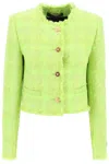 Versace Fringed Metallic Checked Wool-blend Tweed Jacket In Green