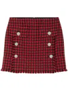 Versace Button-embellished Frayed Checked Tweed Mini Skirt In Red