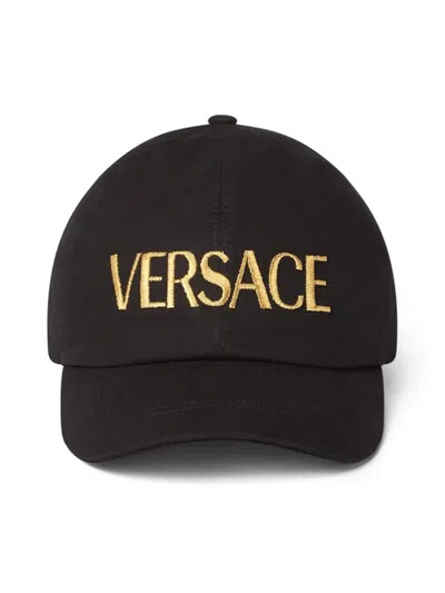 Versace Cotton Baseball Cap With Gold Embroidery In Black