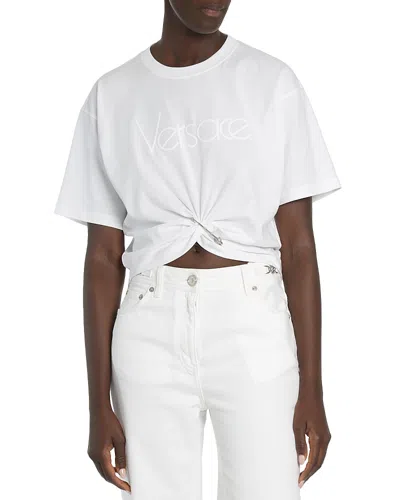 Versace Pale Pink Cotton Cropped Logo T-shirt In White