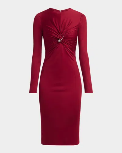 VERSACE TWISTED SAFETY-PIN LONG-SLEEVE JERSEY MIDI DRESS