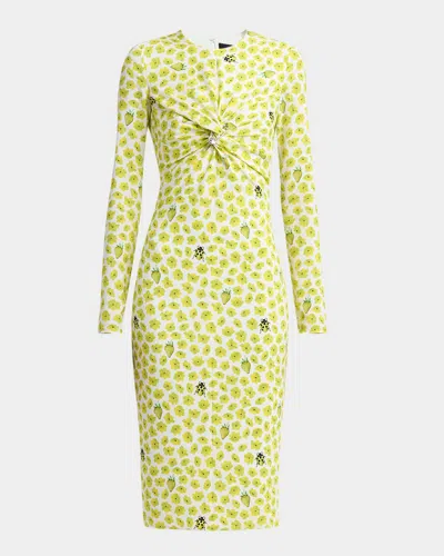 Versace Twisted Safety-pin Strawberry Garden Silk Georgette Dress In White Lime