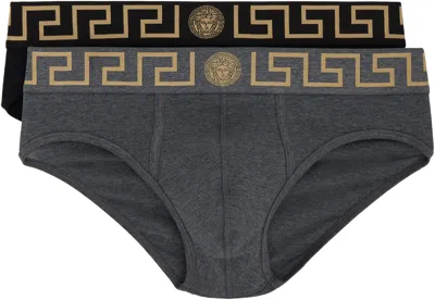 Versace Two-pack Black & Grey Greca Border Briefs In A91m-black-grey