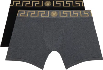 Versace Two-pack Black & Gray Greca Border Long Boxer Briefs In A91m-black-grey