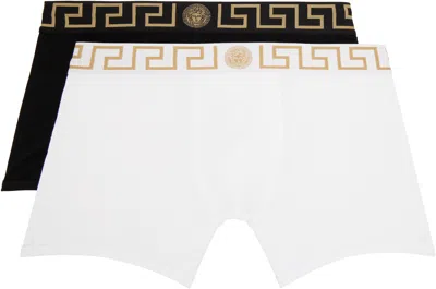 Versace Two-pack Black & White Greca Border Long Boxer Briefs In A83k-black-white-bla