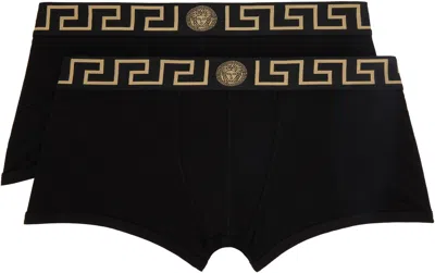 Versace Two-pack Black Greca Border Boxer Briefs In A80g-black Gold Gree