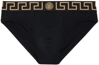 Versace Two-pack Black Greca Border Briefs In A80g-black Gold