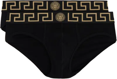 Versace Two-pack Black Greca Border Briefs In A80g-black Gold Gree