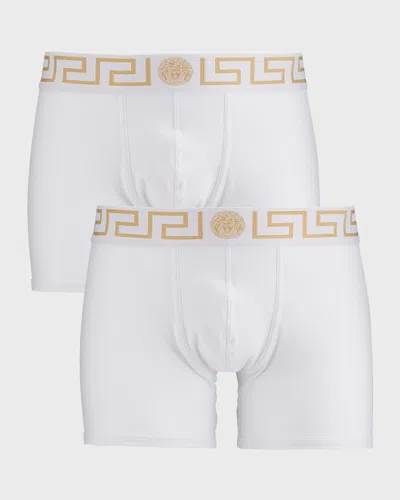 Versace Two-pack Greca Border Long Boxer Trunks In White