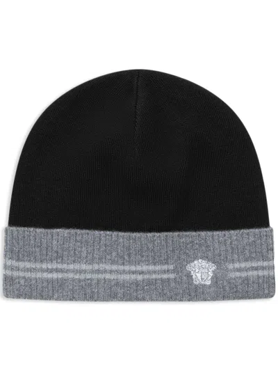 Versace Two-tone Knit Beanie In Black